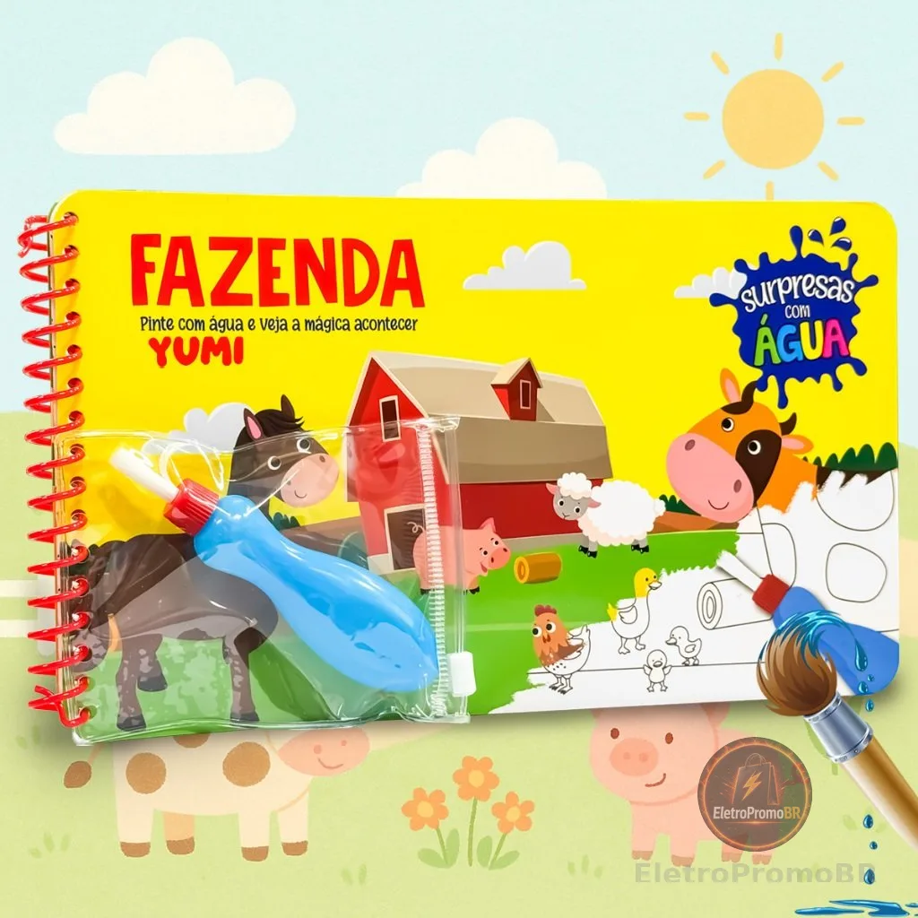 Agua book / Aquabook com Pincel Para Colorir Com Agua Livro Infantil Fazenda Fazendinha Animais
