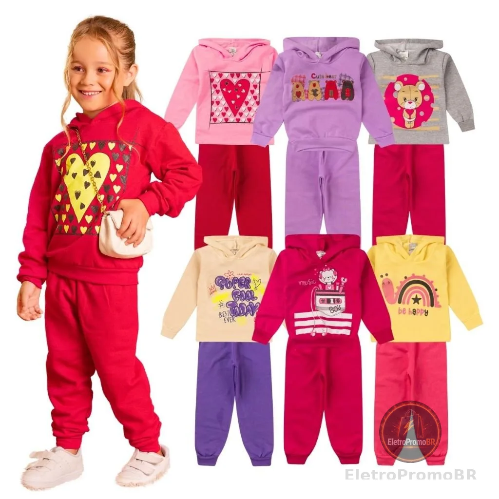 Kit 4 Peças Conjunto Moletom Infantil Menina 1 ao 16 Feminino Inverno com Capuz
