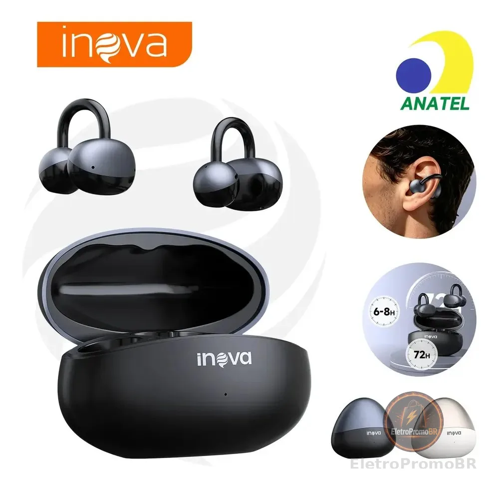 Fone de Ouvido Inova FON-13025E Tipo Clip Orelha Preto, Bluetooth, IPX6, para Esporte