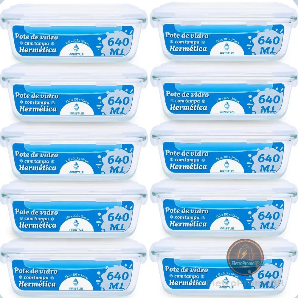 Kit 10 Potes Vidro 640ml Hermético Tampas 4 Travas Cozinha Branco