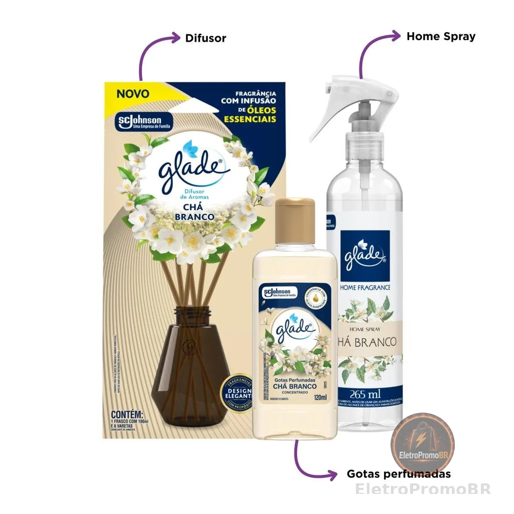 Kit Glade Chá Branco Difusor 100ml + Odorizador Home Fragrance 265ml + Gotas Perfumadas Concentradas 120ml