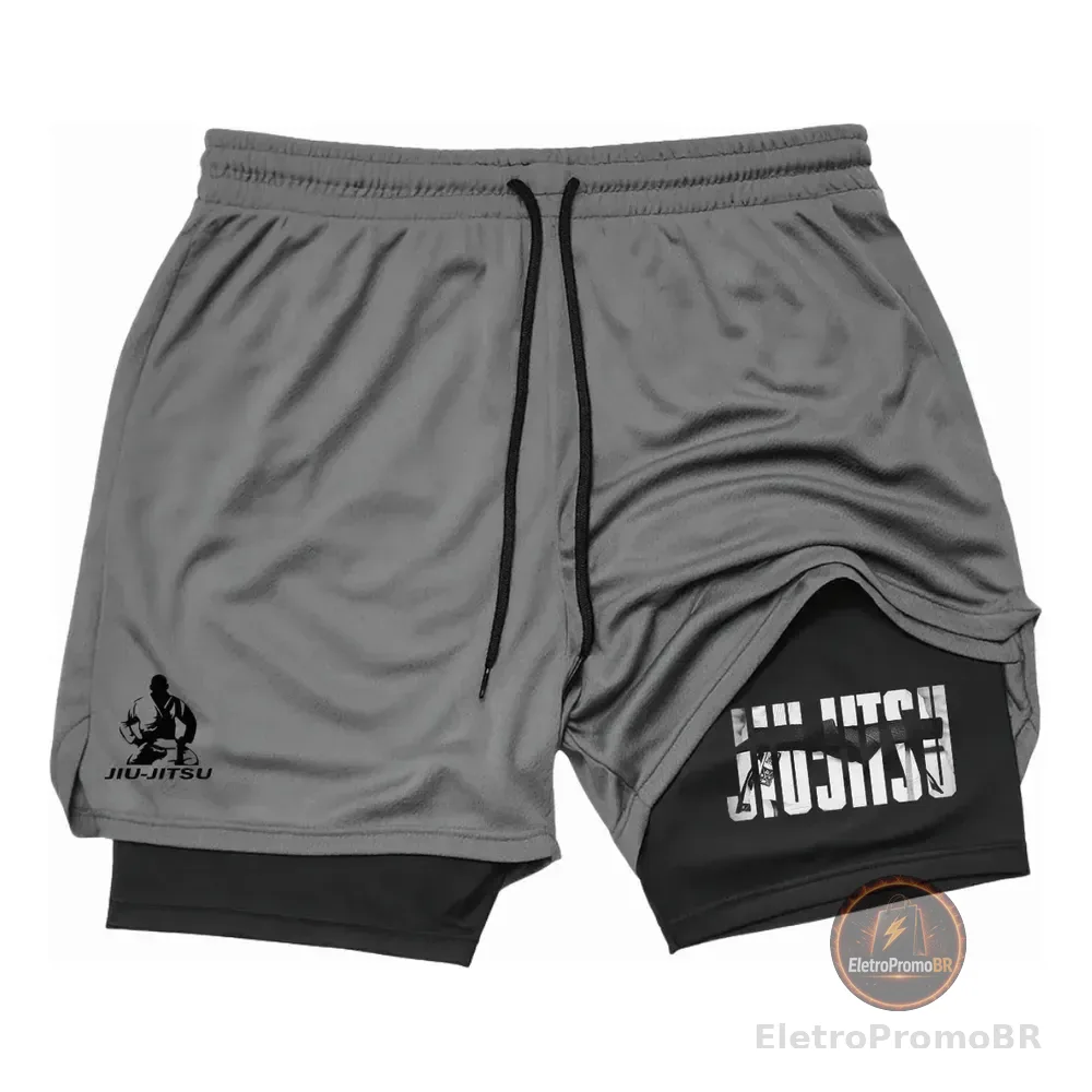 Bermuda Masculina Short 2 Em 1 Duplo Treino Jiu Jitsu Treino Cinza Lisa G