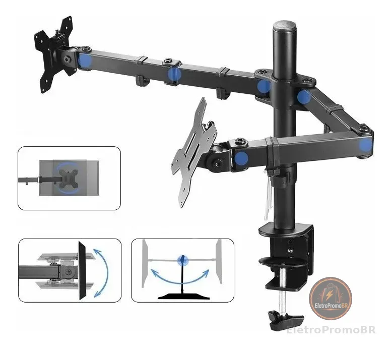 Suporte 2 Monitor Tv Aço Mesa Articulad Vesa Ajuste Promoção Black