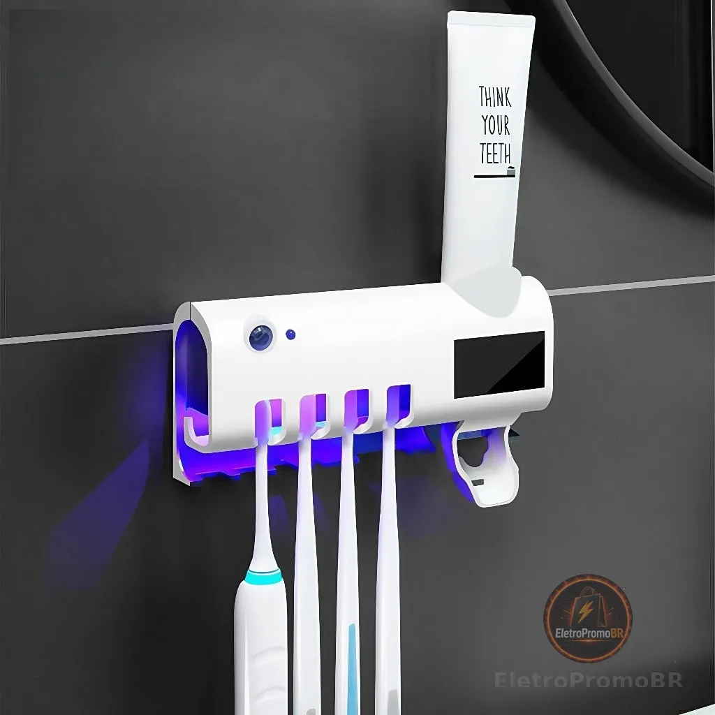 Porta Escova de Dentes UV com Dispenser de Pasta Dental Suporte Banheiro Sem Furar