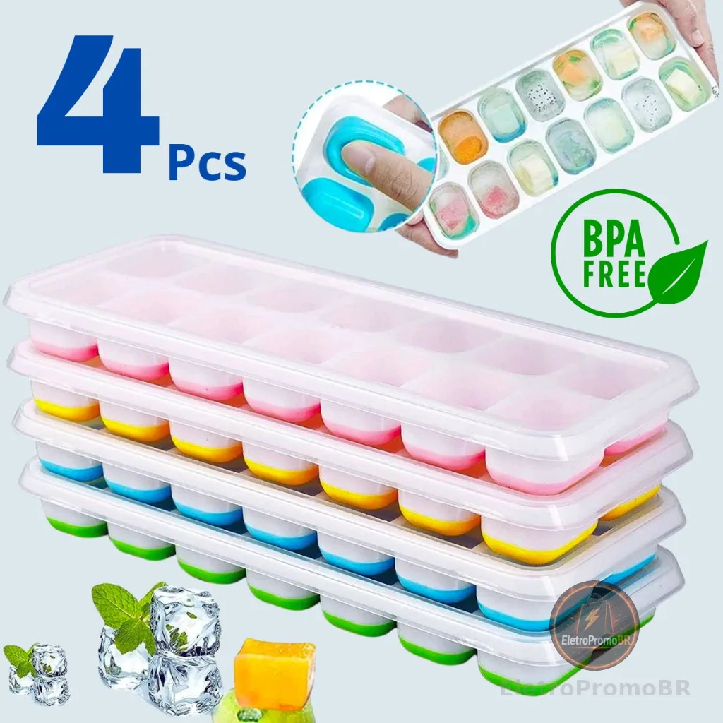 Kit 4/2 Formas de Gelo Silicone Com Tampa Rígida Flexível Fundo Retangular  Multiuso Lavável