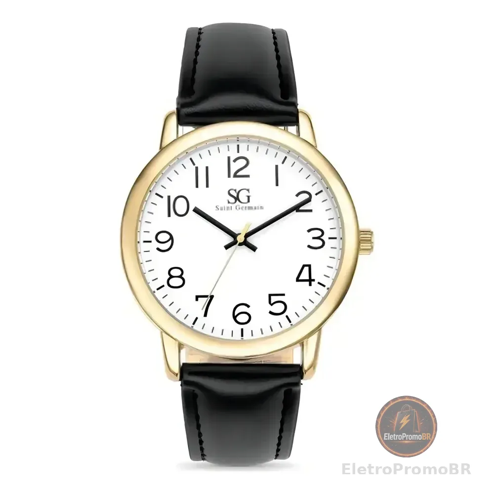 Relógio Masculino Dourado Saint Germain Correia De Couro Preto Caixa Dourada Fundo Branco 40mm Elegante Clássico