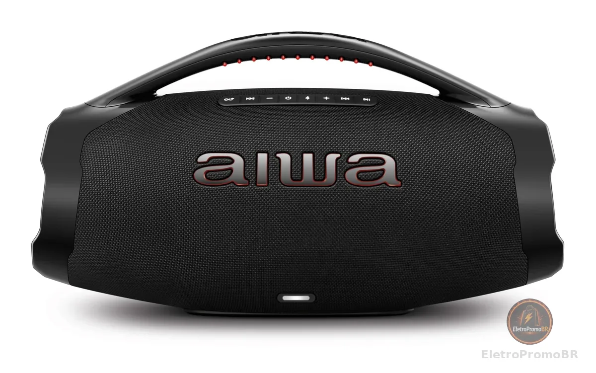 Caixa de Som Boombox Plus AIWA BBS-01-B 200W Bluetooth 5.3-200W RMS - 30 Horas de Bateria - Resistente à Poeira e Água - Preto