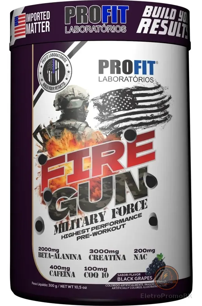 Suplemento em Pó Fire Gun Military Force Profit Laboratórios Pote Sabor Black Grapes 300 g Unidade