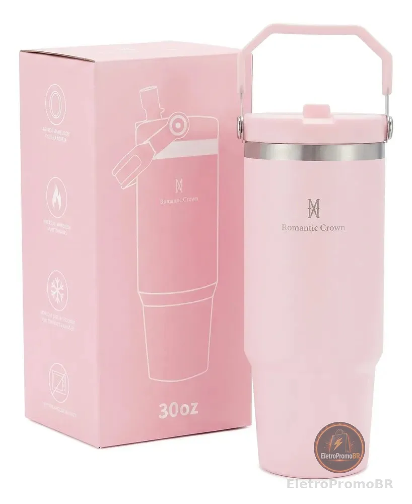 Garrafa Térmica Inox 900ml Tampa Flip Straw Canudo Com Alça Rosa-claro