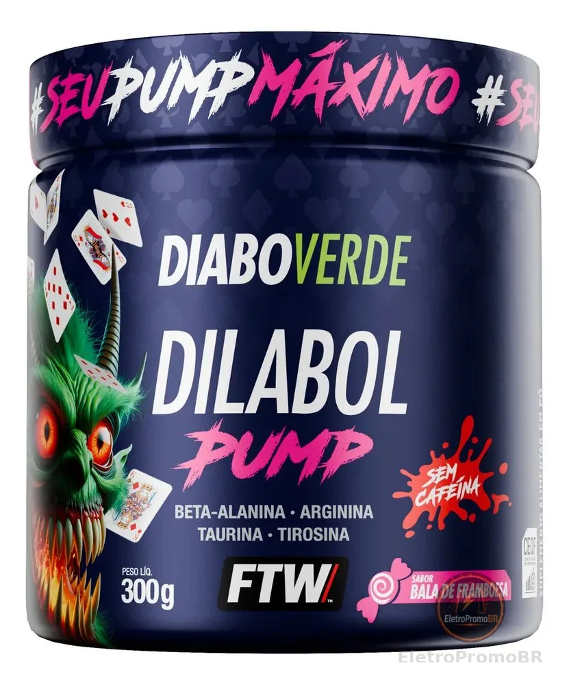 Pré Treino Dilabol Pump Diabo Verde Sem cafeína Pote 300g Sabor Bala De Framboesa - FTW