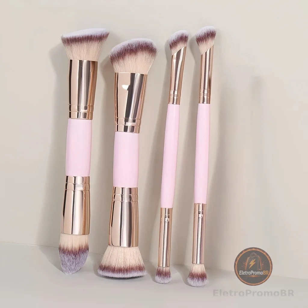 Kit 4 Pincéis de Maquiagem Multifuncionais Duo Ponta – Pincéis Faciais para Base, Corretivo e Blush