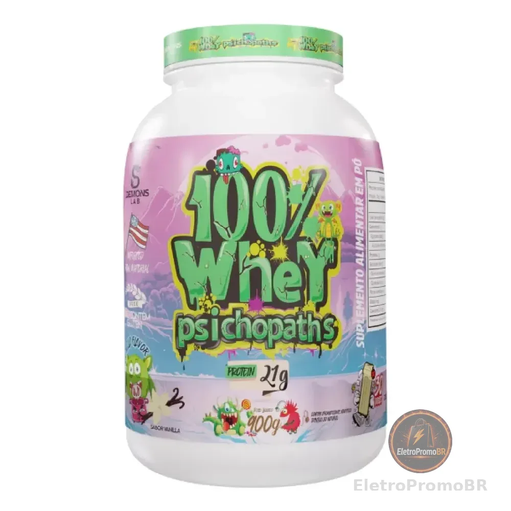100% Whey Psichopaths Pote 900g Vanilla Demons Lab Morango