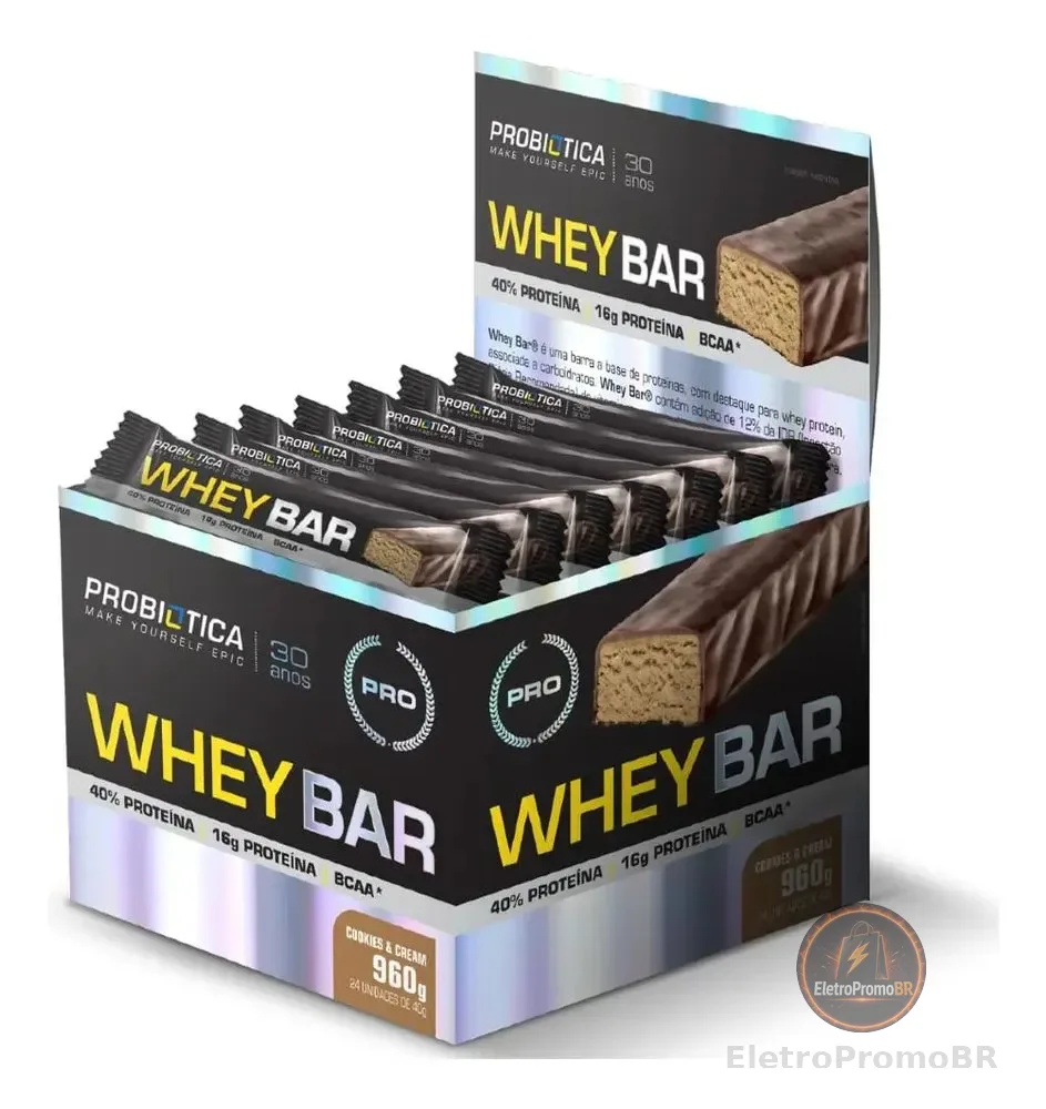 Barra de proteínas Probiótica Whey sabor Cookies and cream x 960g 24 un
