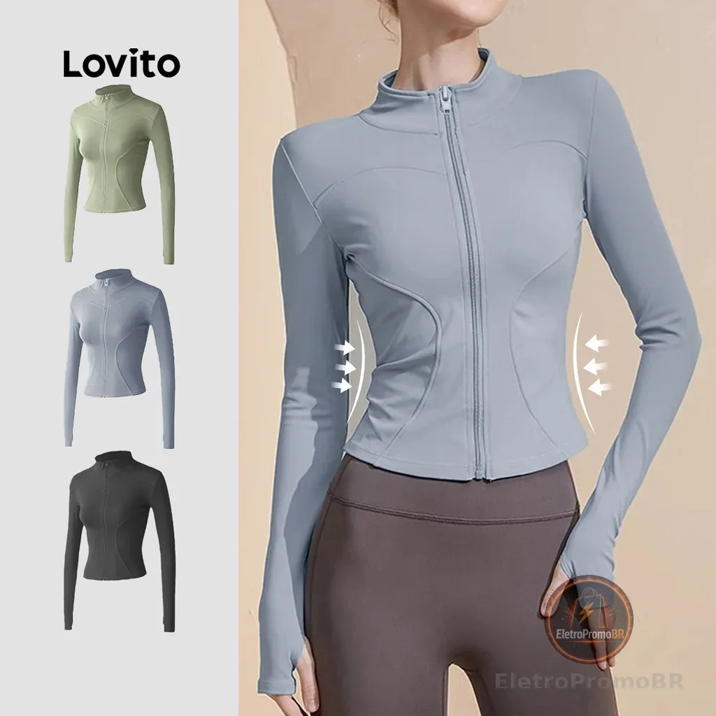 Lovito Jaqueta Esportiva Suave na Pele Elástica 4 Way Top Yoga Ajustada Seca Rápida LNA124047