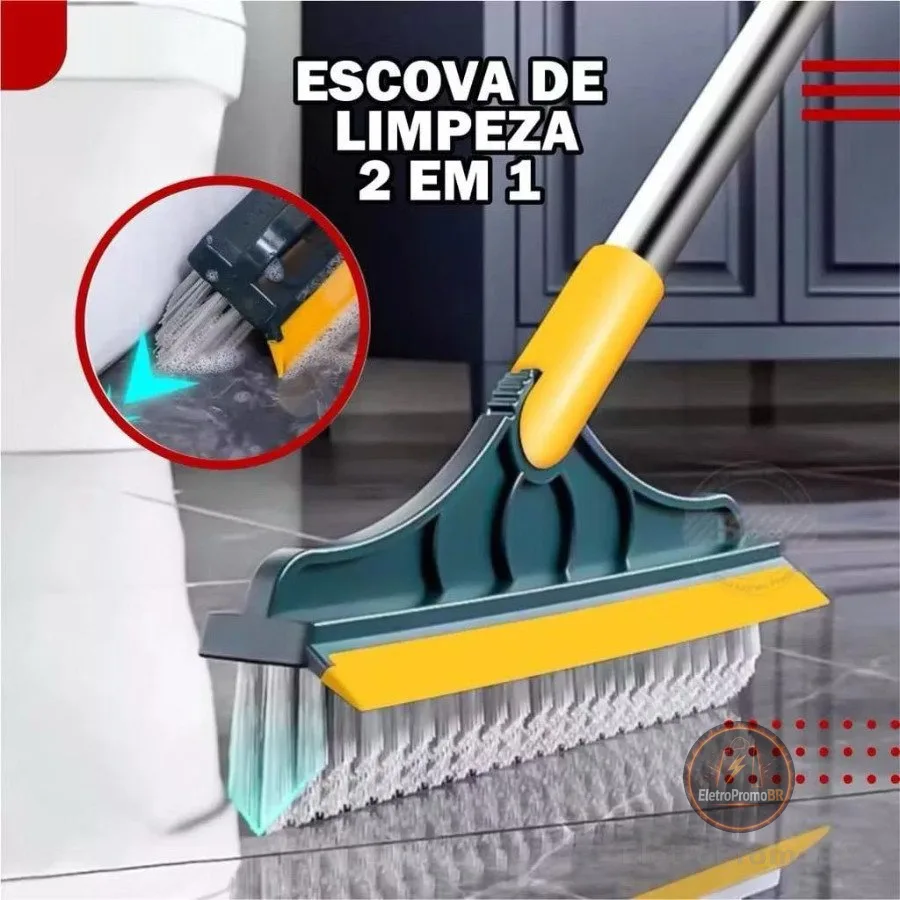 Escova 2 em 1 Vassoura e Rodo, Escova Rígida de Limpeza com Raspador e Limpa Vidros com Rotação