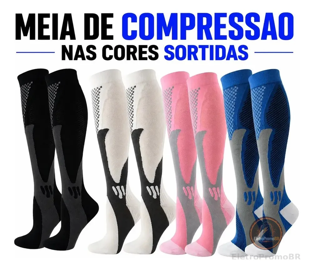 Kit 3 Pares Meia De Compressão Cano Longo Academia Corrida Sortidas Unico