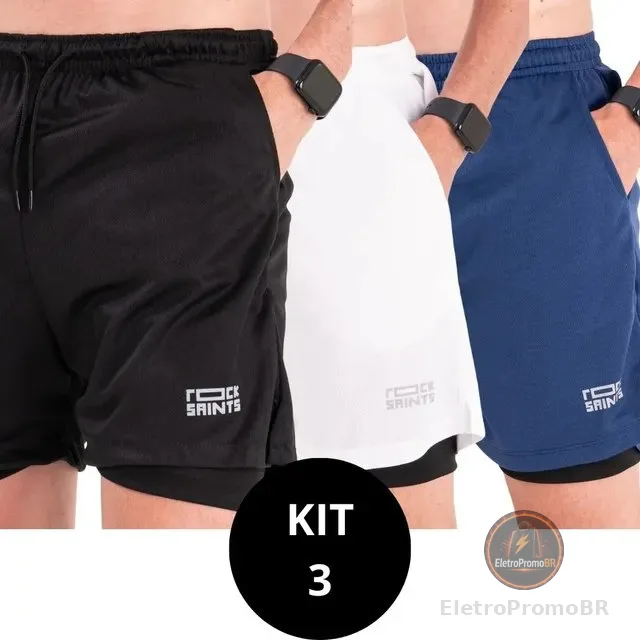 Kit 3 Shorts Duplo 2em1 Rock Saints Para Academia