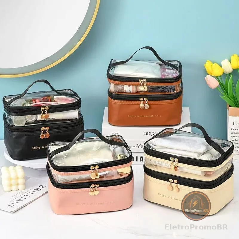 Necessaire Camada Divisória Dupla Organizador Cosmetico Transparente A Prova de Água Portátil Viagen Grande Capacidade