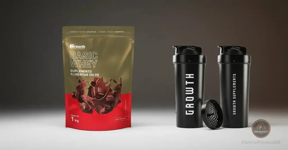 Kit Growth: Whey Protein Basic Chocolate 1kg + Coqueteleira Shaker Academia Preta 600ml