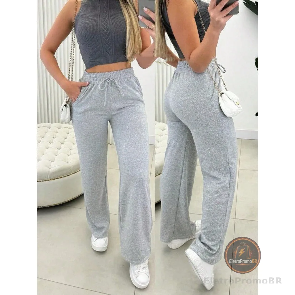 Calça pantalona de lazinho feminina cintura alta com bolso pra inverno