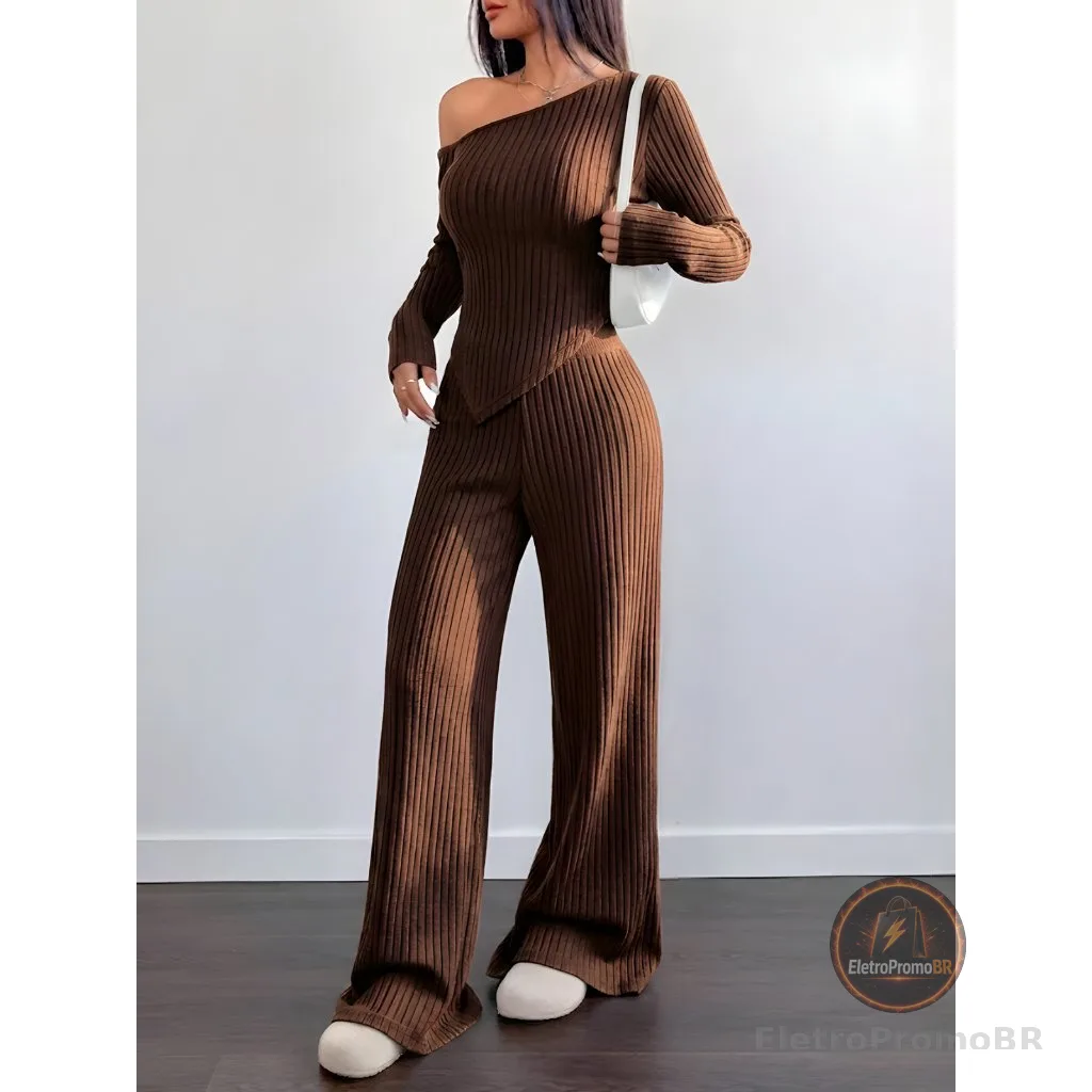 Conjunto Mila Feminino Blusa Assimétrica Manga Comprida  + Calça Pantalona Malha Ribana Moda Inverno