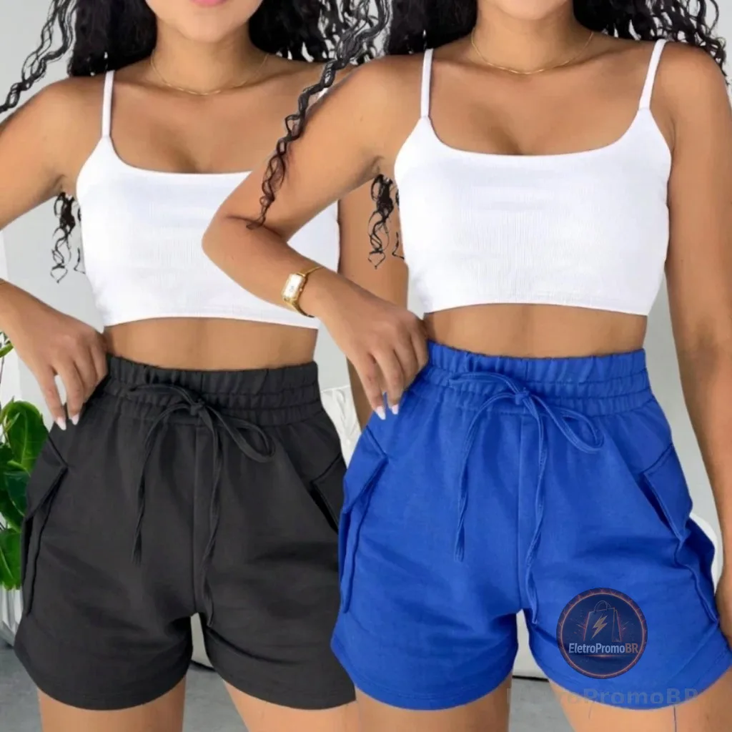 Kit 2 Peças Short Feminino Cargo Moletom Moletinho  Confortável