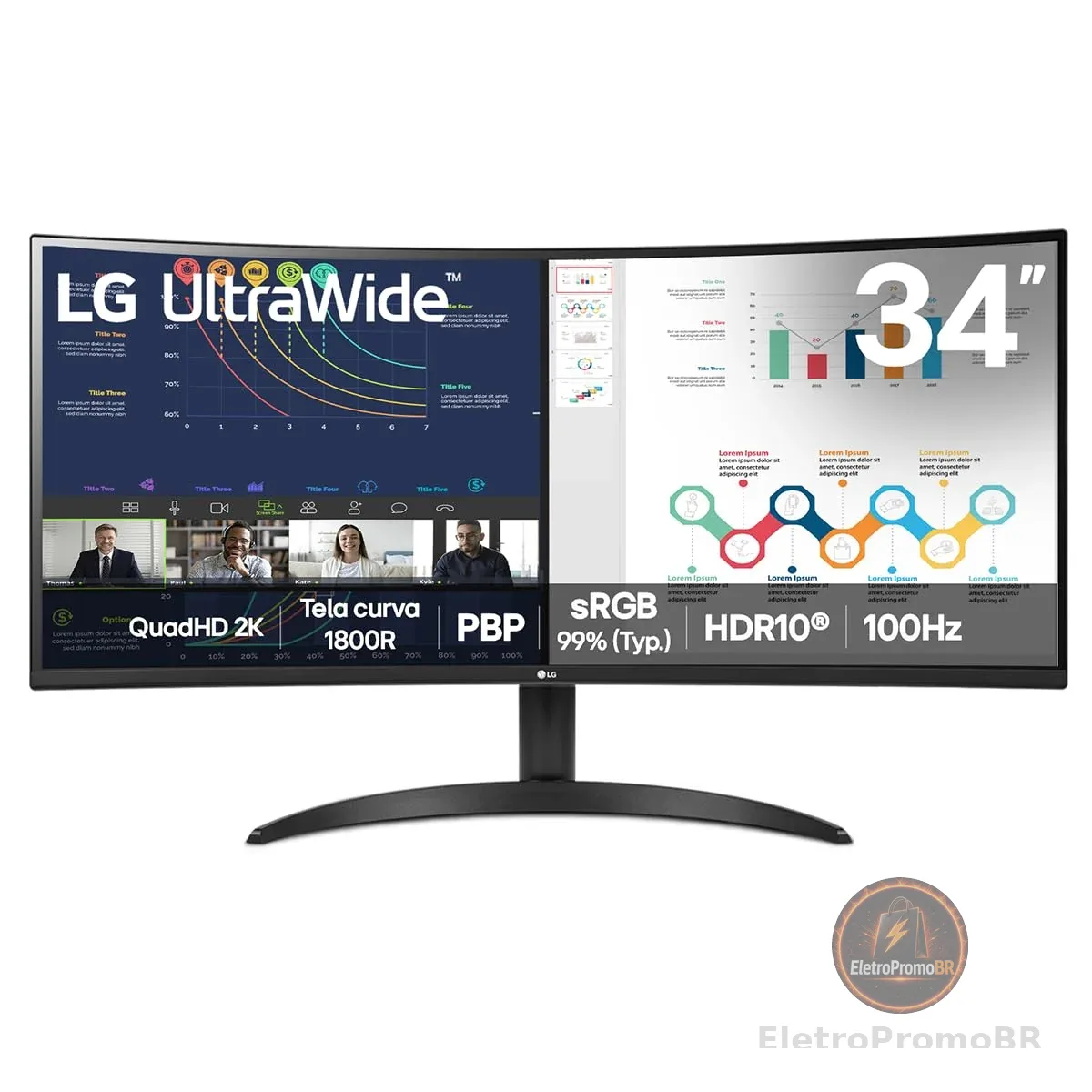 Monitor LG UltraWide™ Curvo – Tela VA de 34”, 21:9, WQHD, sRGB 99%, HDR10, 100Hz, 5ms (GTG), PBP - 34WR50QK-B