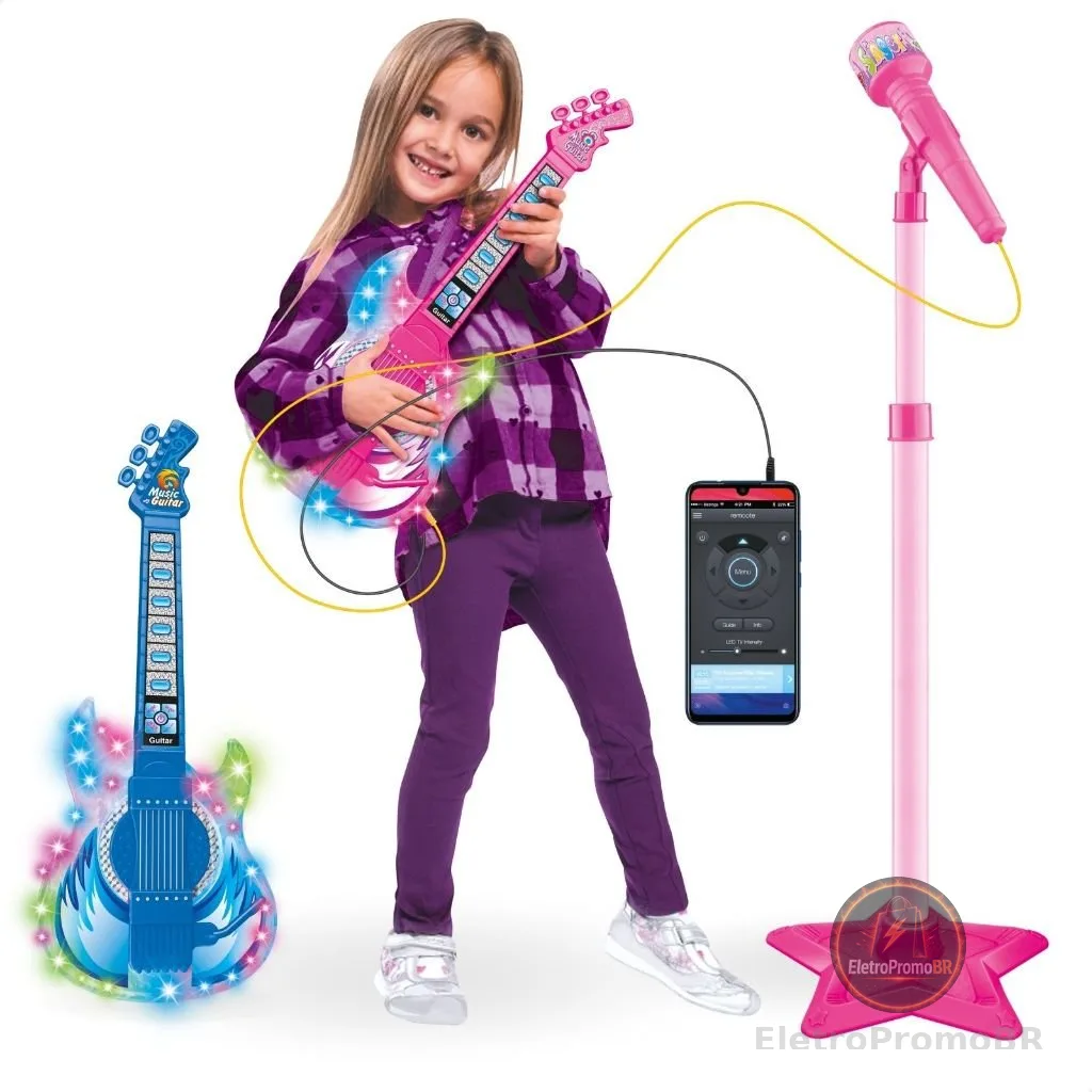 Guitarra e Microfone Infantil Instrumento Brinquedo Musical com Luz e Som