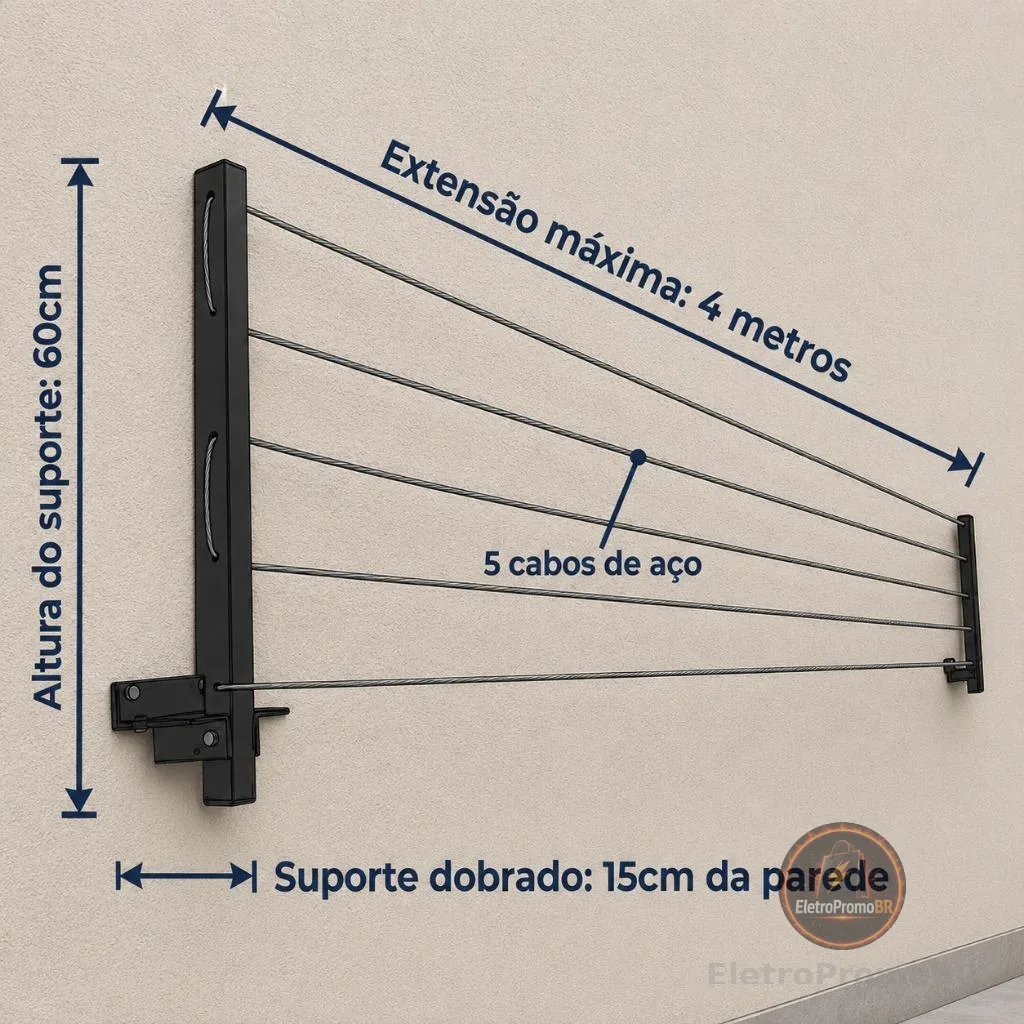 Varal Mágico de Parede Retrátil Ferro 80kg Prático e Discreto