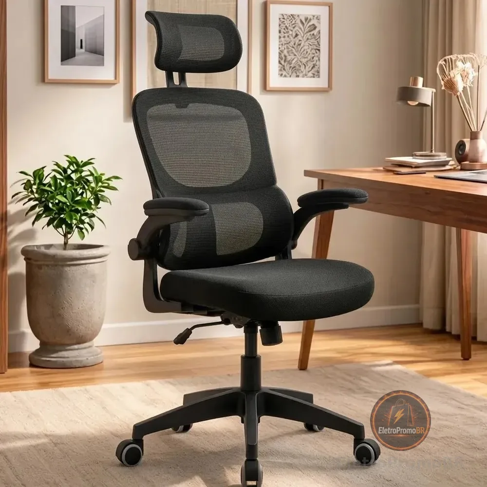 Cadeira De Escritório Ergonômica Preta Giratória Tela Mesh Preto Espuma De Alta Densidade