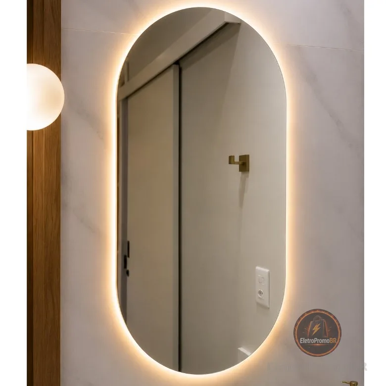 Espelho Oval Decorativo com LED ou sem LED Vidro Lapidado 40x50 e 80x50 para Banheiro Quarto Sala