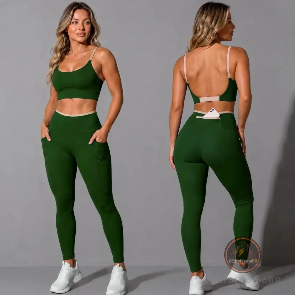 Conjunto Academia Top Calça Legging Fitness Roupa Kit Bolso Verde/areia Liso M 38/40
