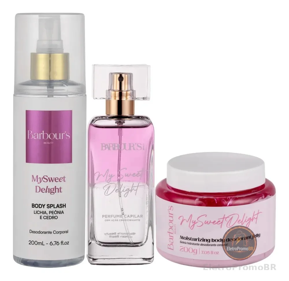 Kit Body Splash Geleia Hidratante Perfume Capilar My Sweet Delight Barbour's Beauty Corporal