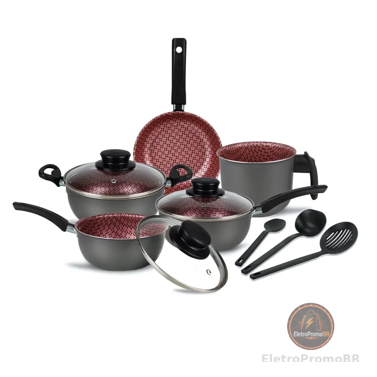 Conjunto Panelas Elegan Prime 8 Peças Grafite com Rosa - Dona Chefa
