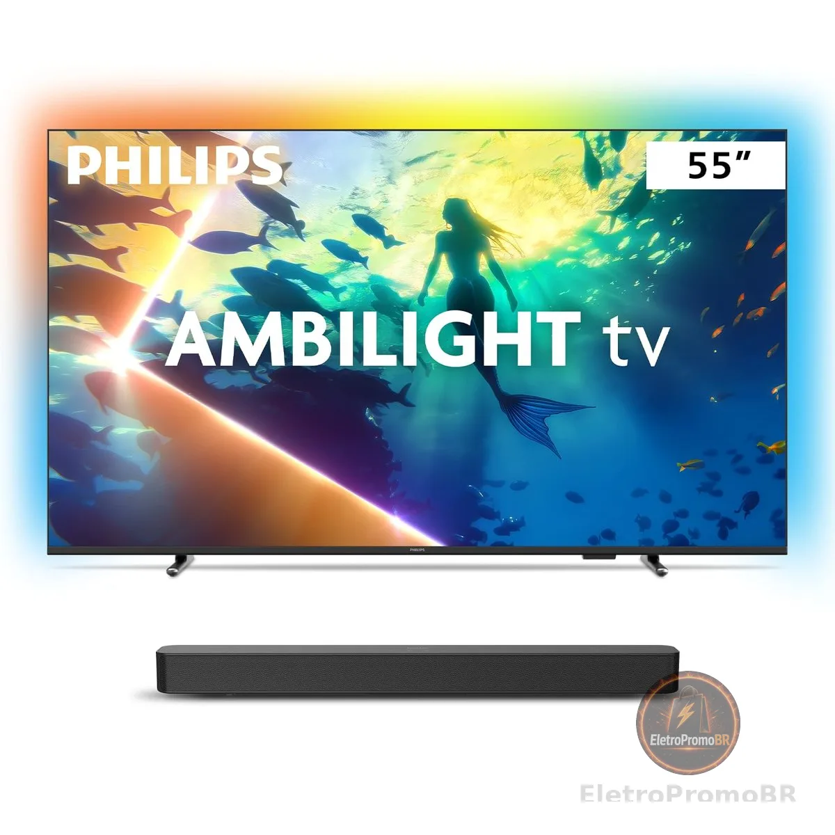 Philips Smart TV Ambilight 55" 4K, 55PUG8100/78 + Soundbar TAB4000, Aparelho de Áudio para TV, Bluetooth, HDMI ARC e USB