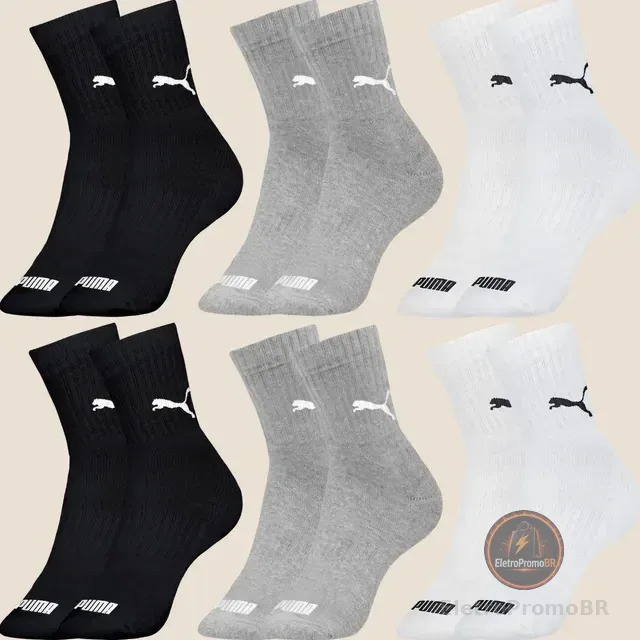 Kit 6 Pares Meias Puma De Cano Médio Sport Original Algodão