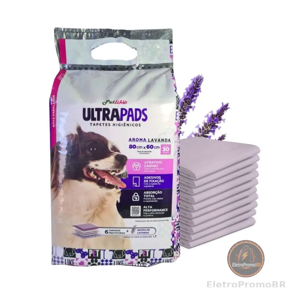 Tapete Higiênico Para Cães e Gatos Ultra Pad 30unidades 80x60cm Aroma Lavanda Alta Absorção