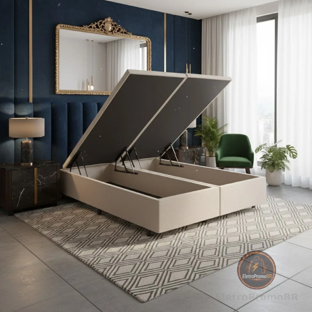 Cama Box Baú Queen 158x198x42cm Courino Linho Areia com Pistão a Gás