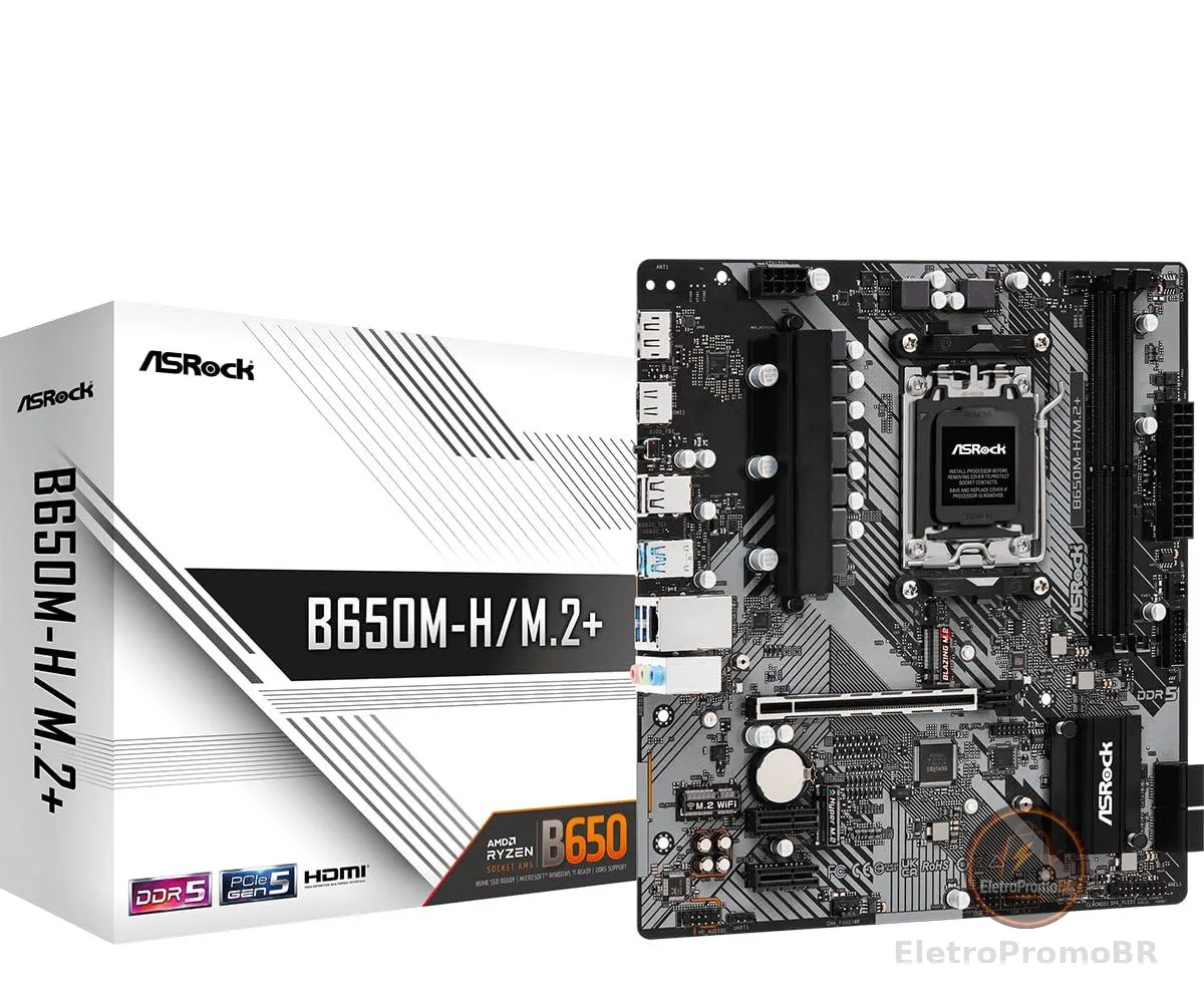 Placa Mãe ASRock B650M-H/M.2+, Chipset B650M, Amd AM5, m-ATX, DDR5