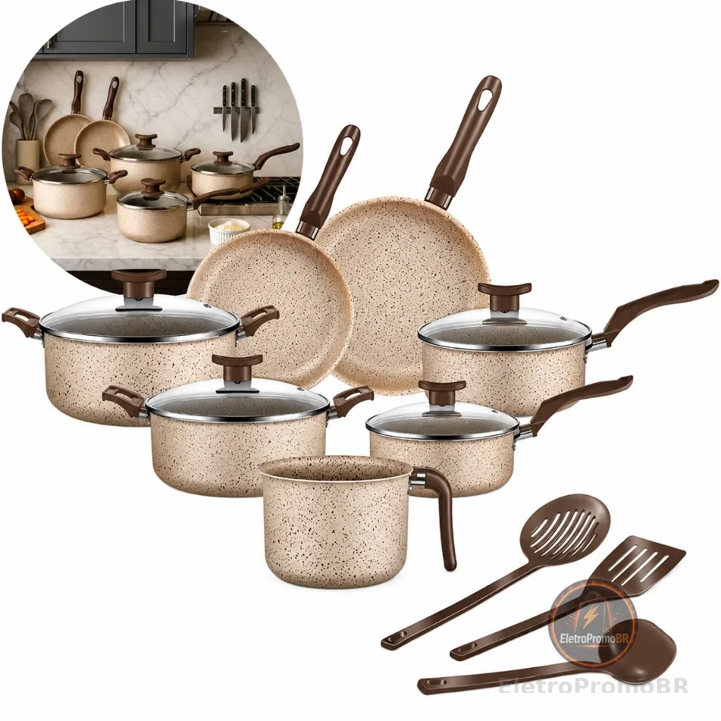 Jogo De Panelas 10 Peças Antiaderente Conjunto Frigideira Fervedor tampa de vidro Cor Coffee Cappuccino Kit Talheres