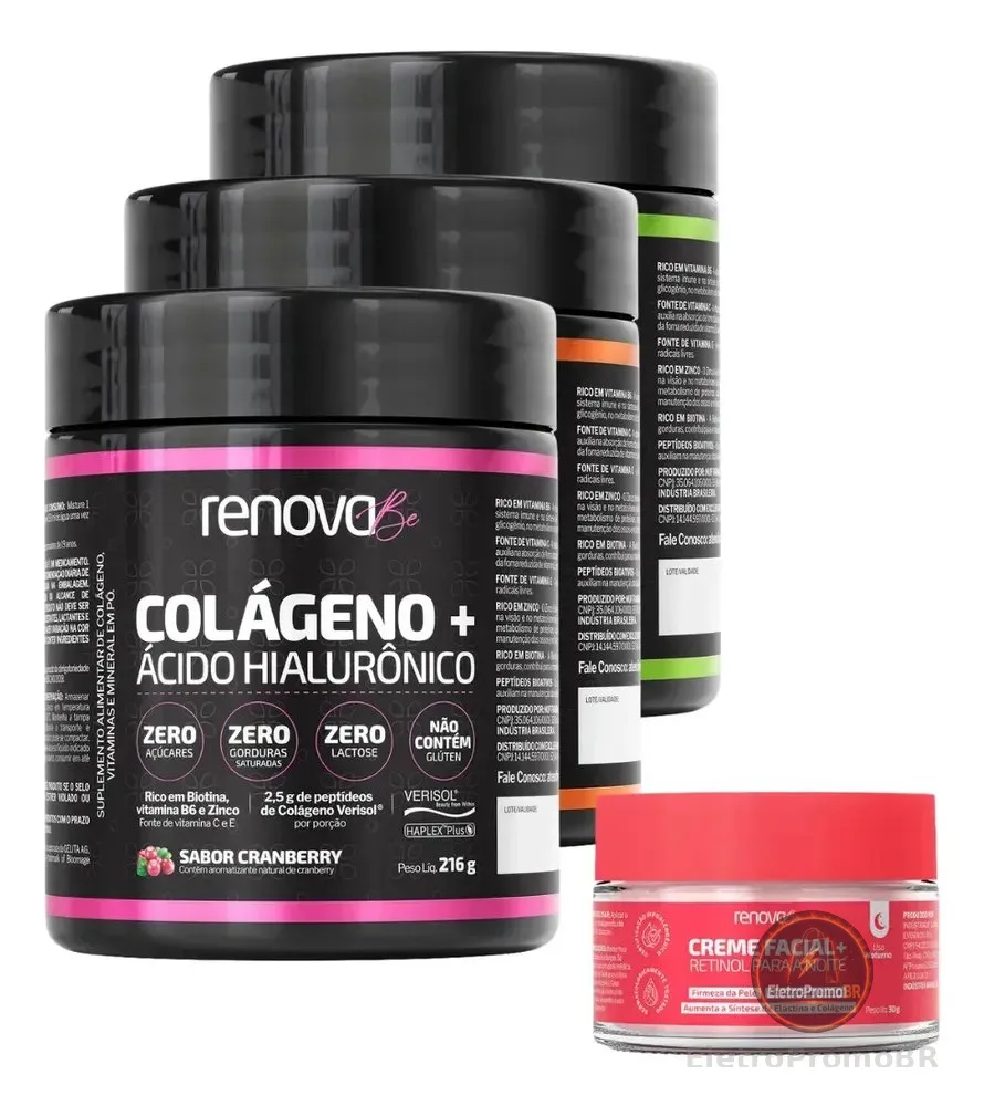 Ácido hialurônico Haplex Plus Renova Be Alimentar Pele Rugas em colageno em po sabor 1 Tangerina - 1 Limão x 216g 3 un