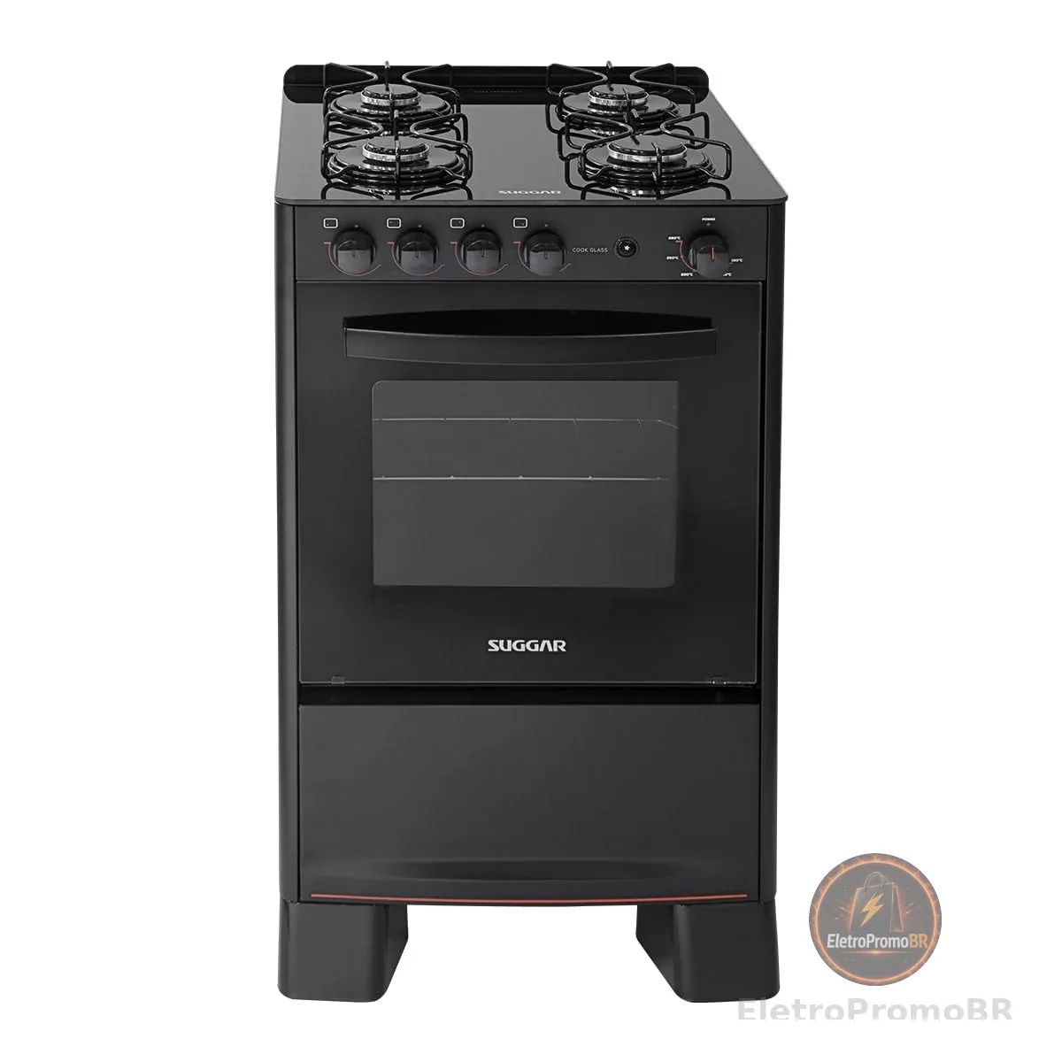 Fogão Suggar Cook Glass 4 Queimadores Mesa Vidro Preto Bivolt FGVCG410PT
