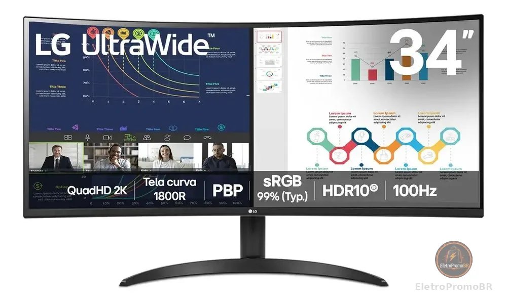 Monitor LG UltraWide Curvo, QuadHD 2K de 34”, PBP, sRGB 99%, HDR10, 100Hz, Preto - 34WR50QK-B