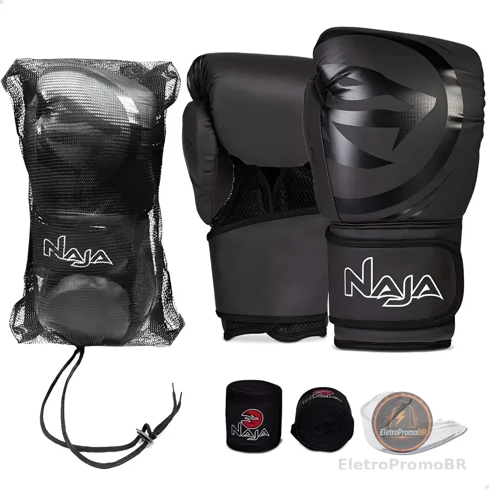 Kit Luva Boxe Muay Thai Naja Black Bandagem + Bucal Cor Preto Tamanho 12oz