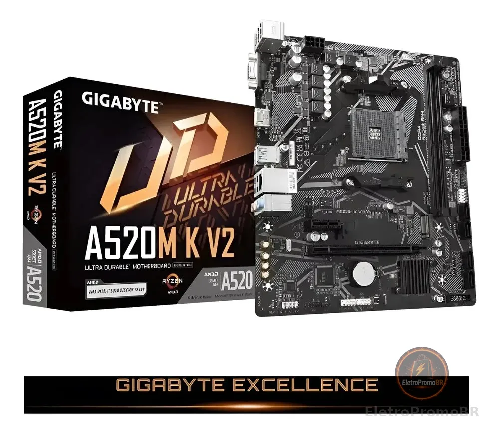 Placa Mãe Gigabyte Ultra Durable A520m Kv2 Amd Am4 Matx Ddr4 Preto