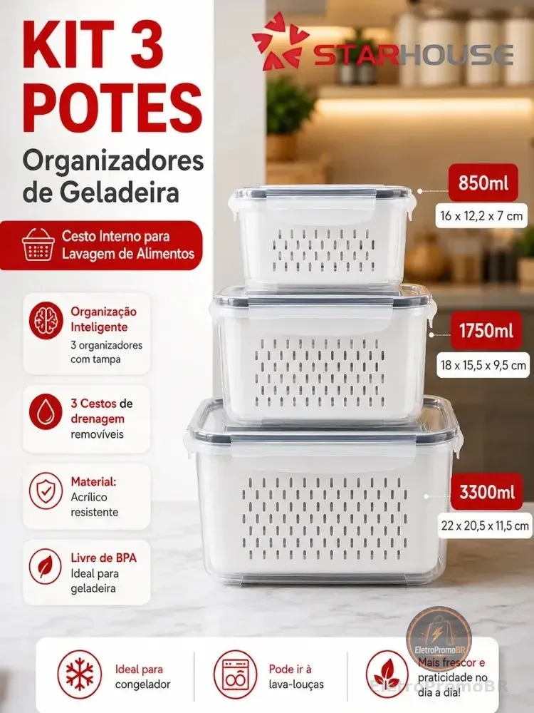 Kit 3 Organizadores Geladeira Alimentos Legumes Verduras Frutas Transparente Com Tampa Trava Hermético Escorredor - Starhouse