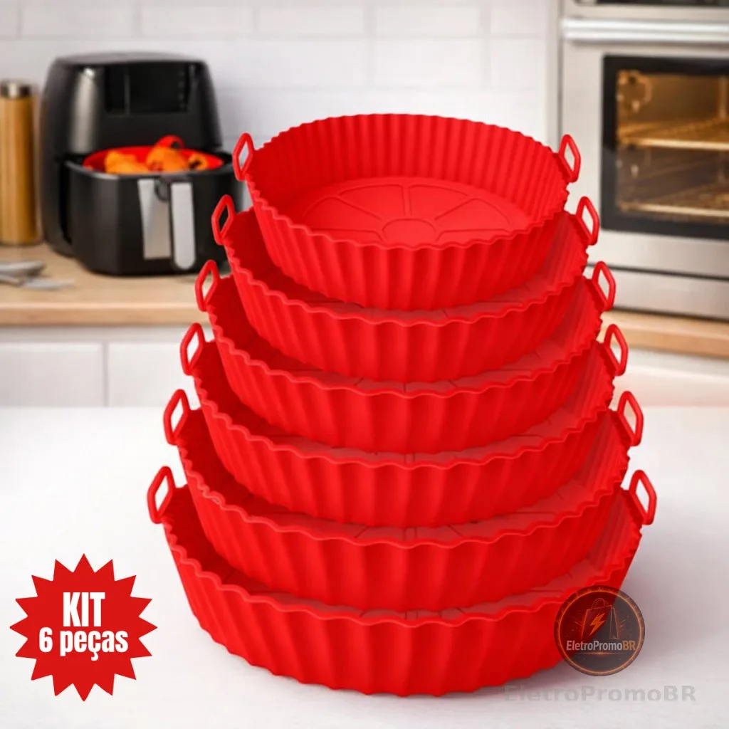 Kit 6 Forma de Silicone para Fritadeira Air Fryer com Alça Antiaderente Cozinha