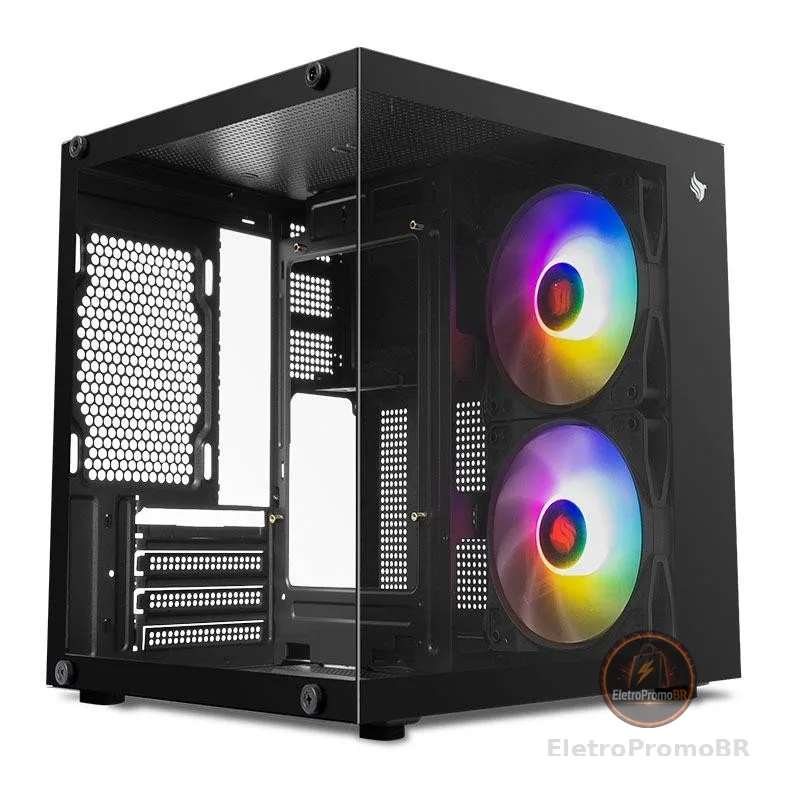 Gabinete Gamer Aquário  Pichau Atom X, Mini-Tower, Lateral de Vidro, Com 2 Fans, Preto, PG-ATOMX-BK