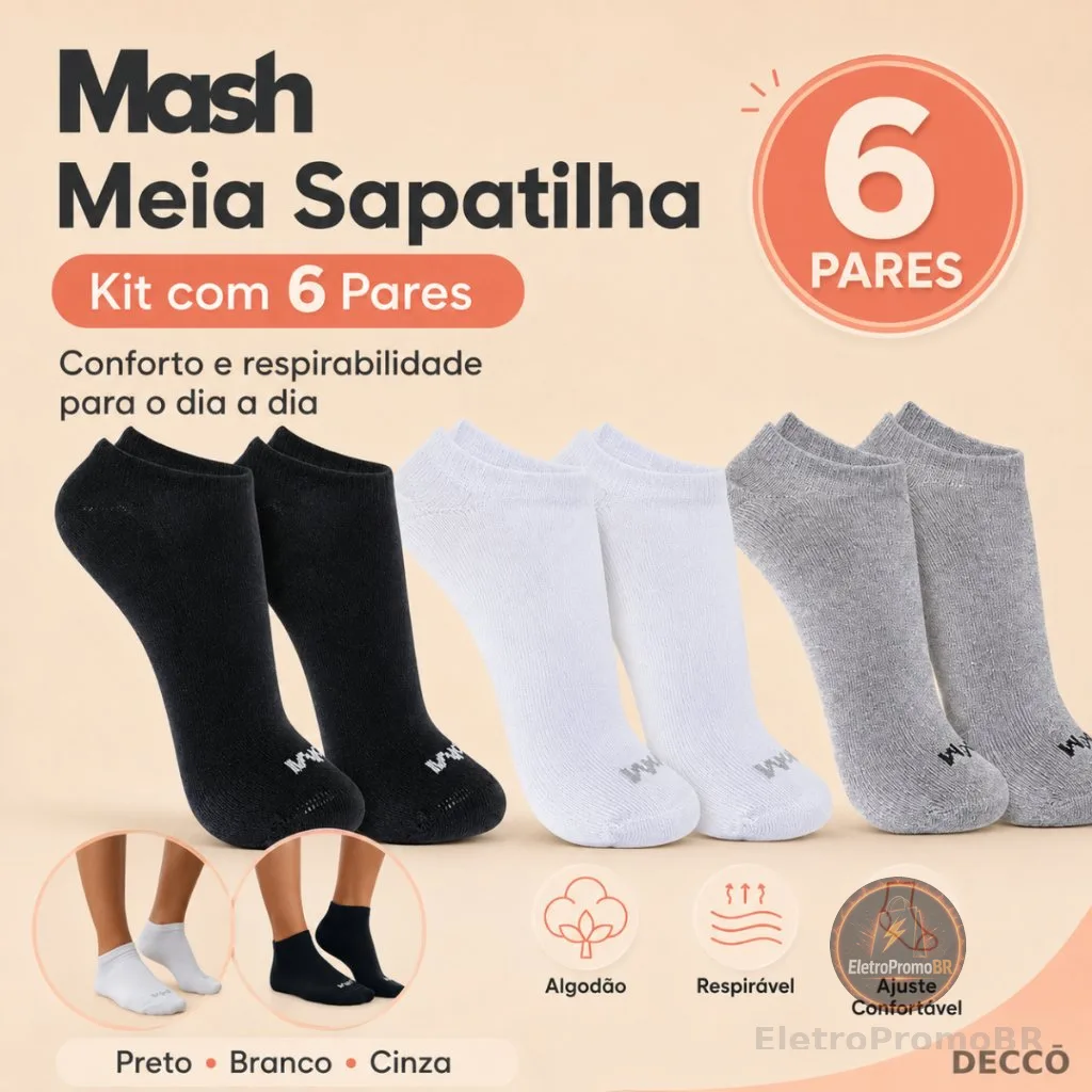 Kit Com 6 Pares de Meias Sport Mash Cano Curto em Algodao Unissex Para Corrida Caminhada
