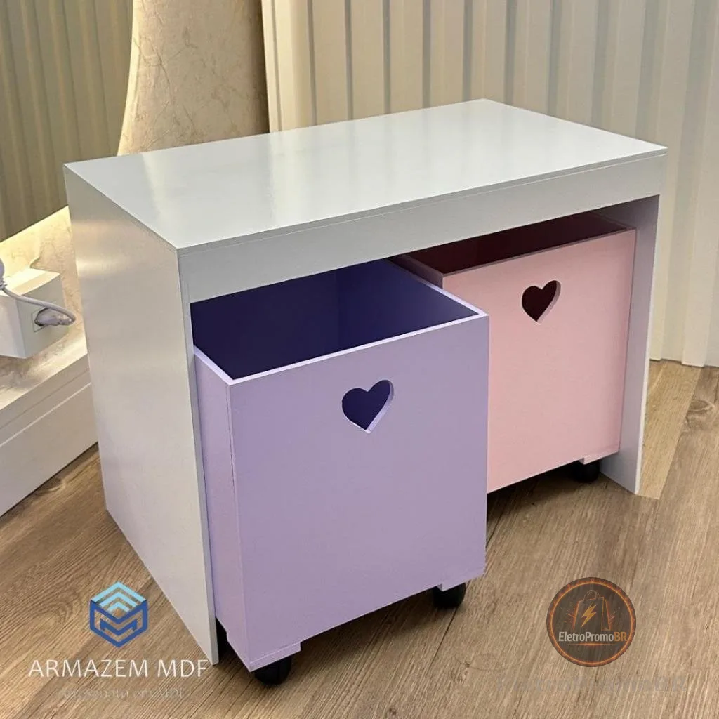 Organizador de Brinquedos Bancada Infantil 2 Gavetas Com Rodinhas em MDF